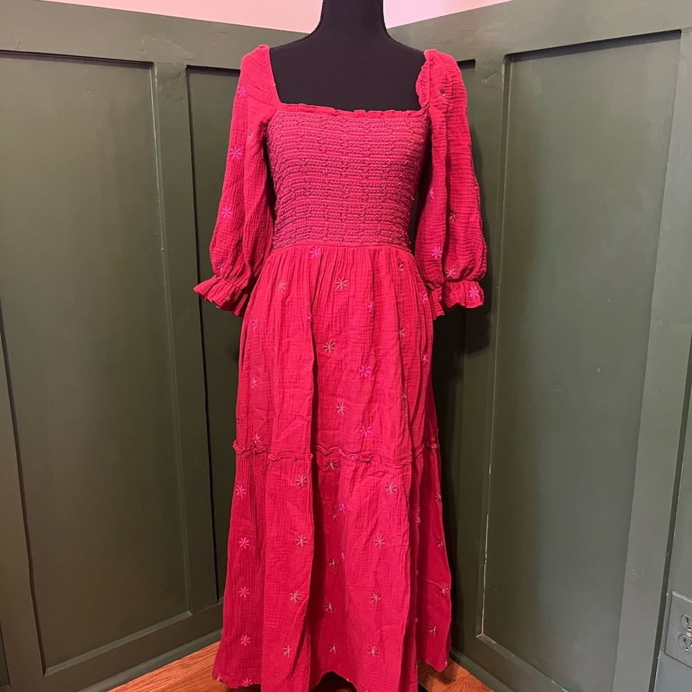 Smocked midi/maxi dress in wine red